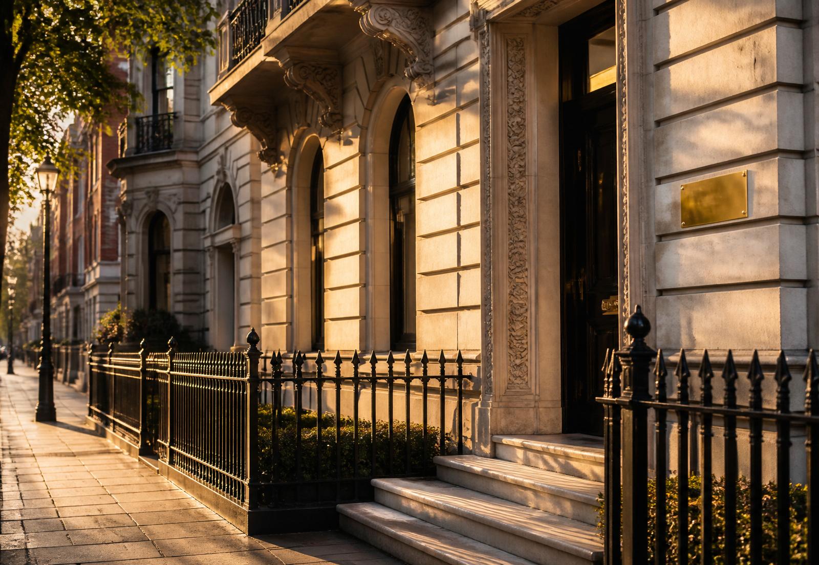 Harley Street Georgian townhouse exterior at golden hour