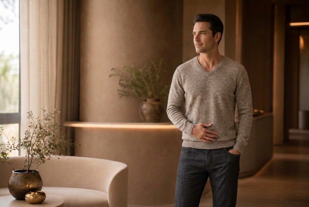 Man in a calm interior, hand resting on his abdomen