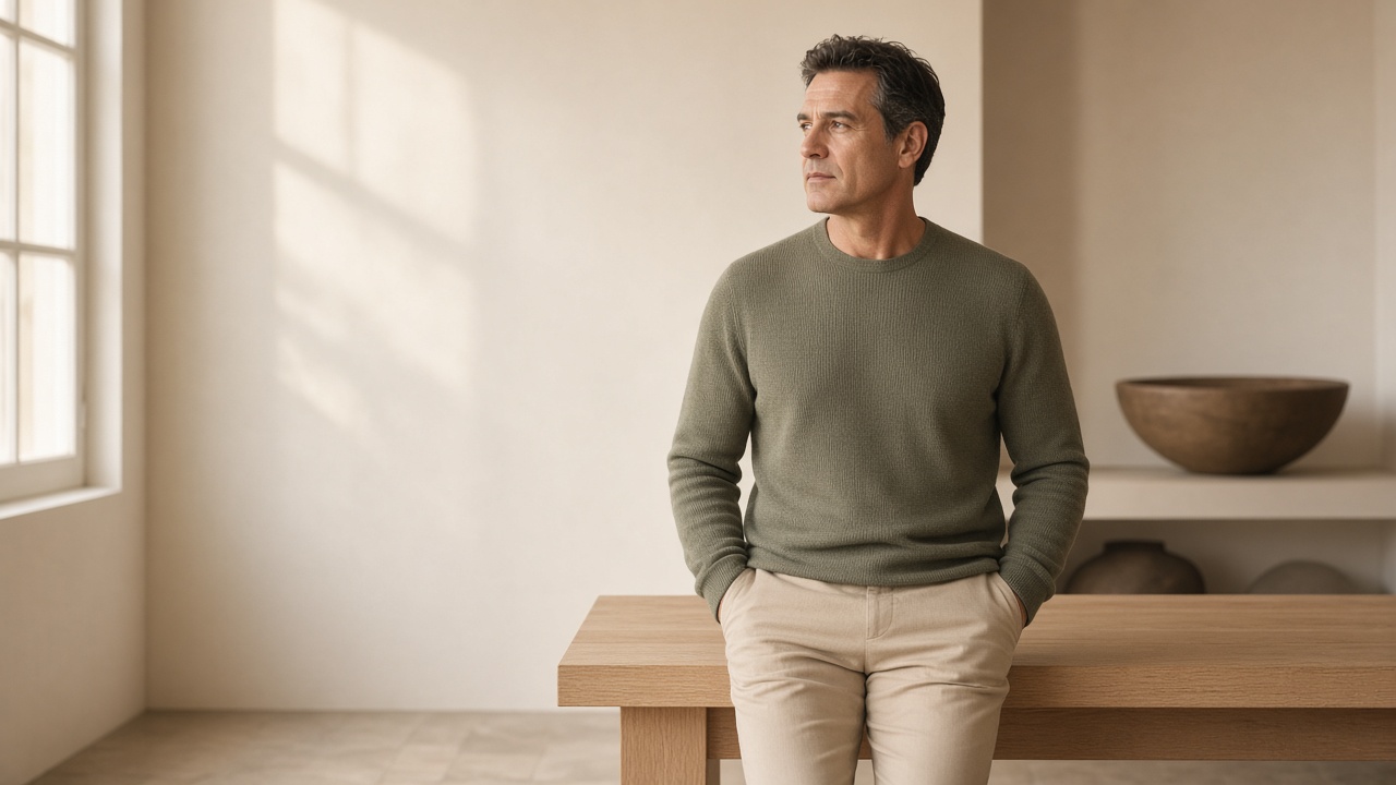 A man in his late forties sitting in a quiet cream-walled room, looking out of frame