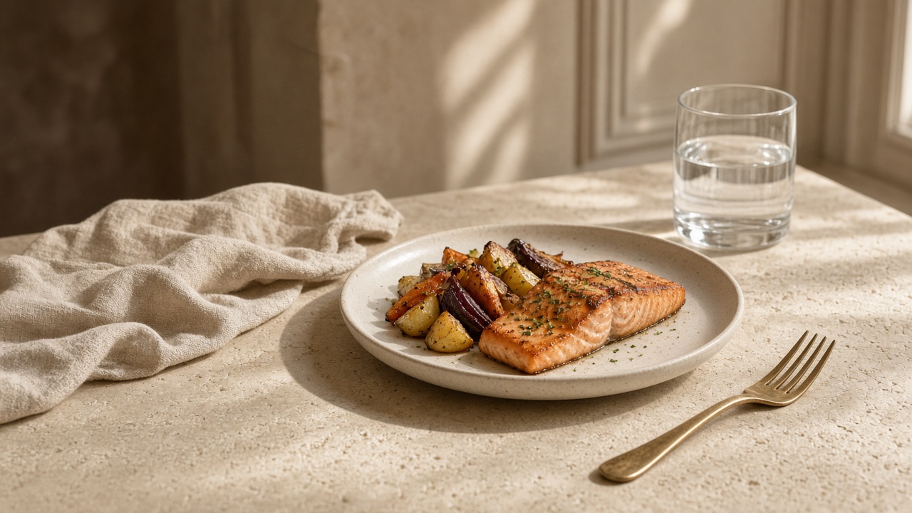 A simple plate of roasted vegetables and salmon on a cream stone table