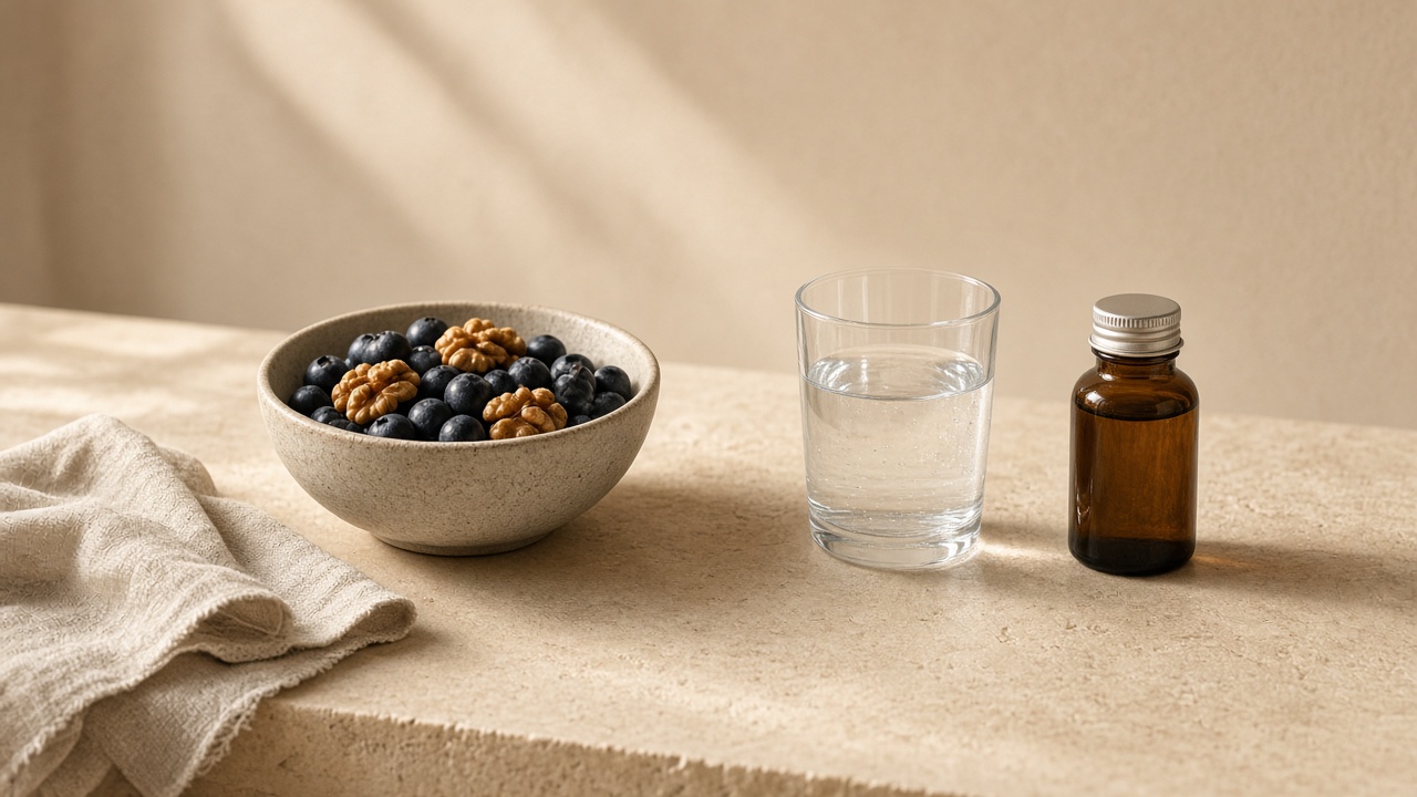 A ceramic bowl of berries and walnuts beside a glass of water and a small amber vial