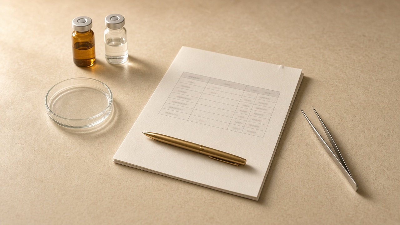 A lab report and glass vials on a cream desk, a pen marking one result