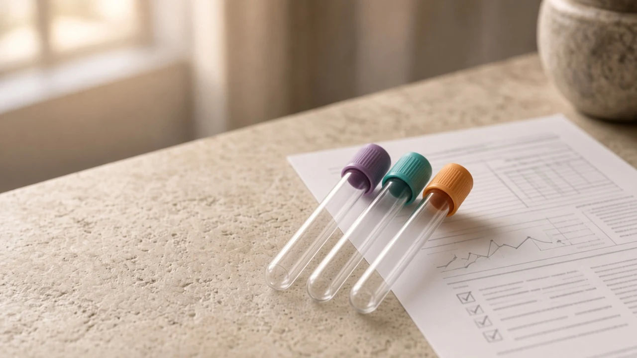 Three unused blood collection tubes resting on a laboratory results sheet